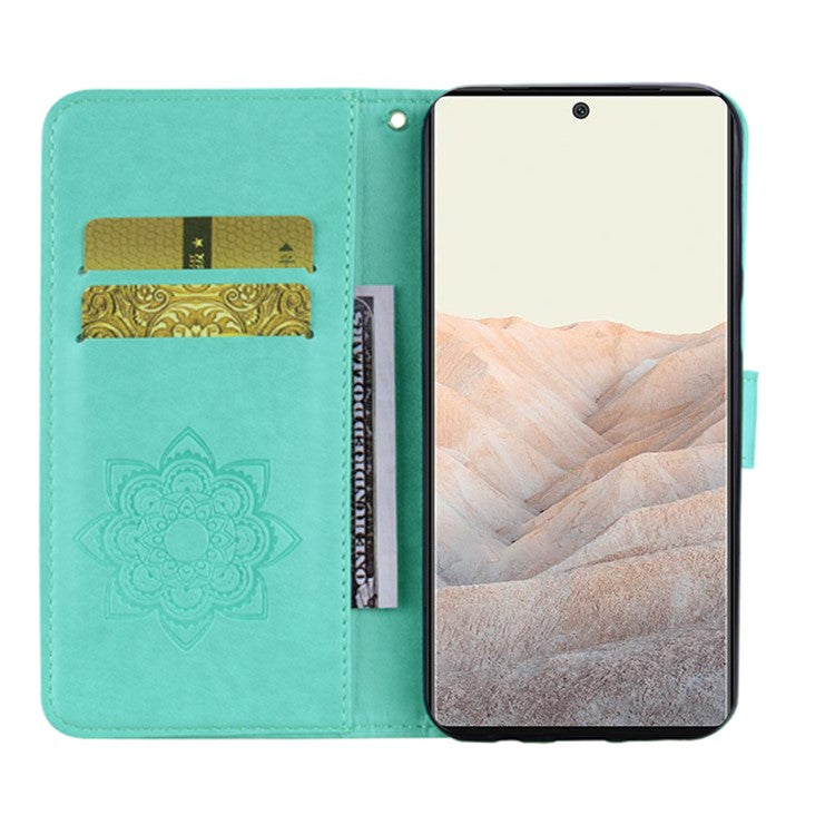 Flip Phone Case Bling Rhinestone Decor Imprinted Owl Flower Pattern Leather Wallet Shell for Google Pixel 6 Pro - Cyan