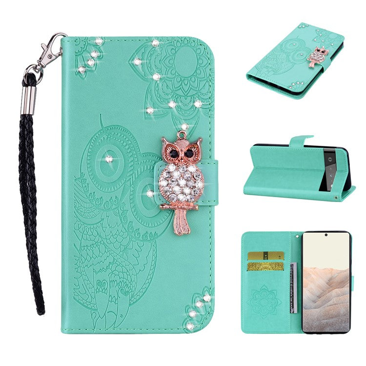 Flip Phone Case Bling Rhinestone Decor Imprinted Owl Flower Pattern Leather Wallet Shell for Google Pixel 6 Pro - Cyan