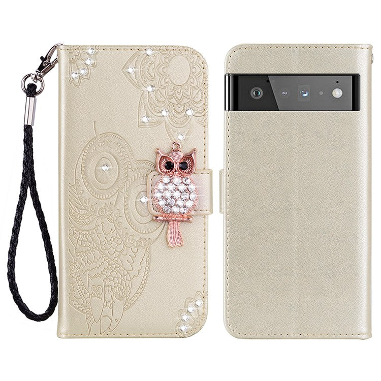 Flip Phone Case Bling Rhinestone Decor Imprinted Owl Flower Pattern Leather Wallet Shell for Google Pixel 6 Pro - Gold