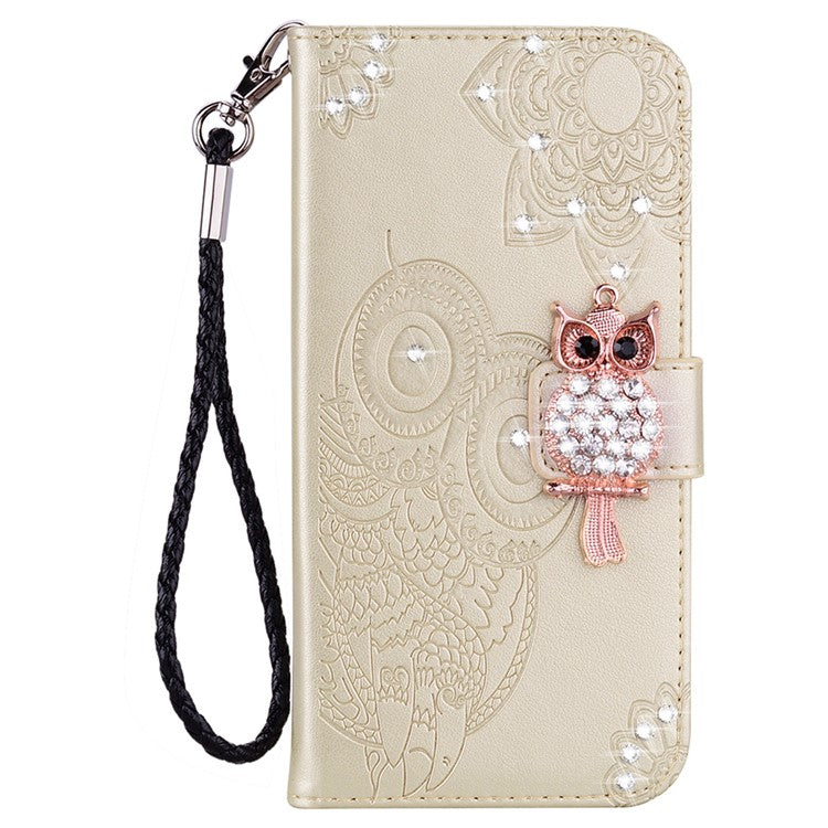 Flip Phone Case Bling Rhinestone Decor Imprinted Owl Flower Pattern Leather Wallet Shell for Google Pixel 6 Pro - Gold