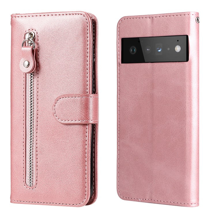 PU Leather Zippered Pocket Phone Case Coin Wallet Stand Folding Case for Google Pixel 6 Pro - Rose Gold