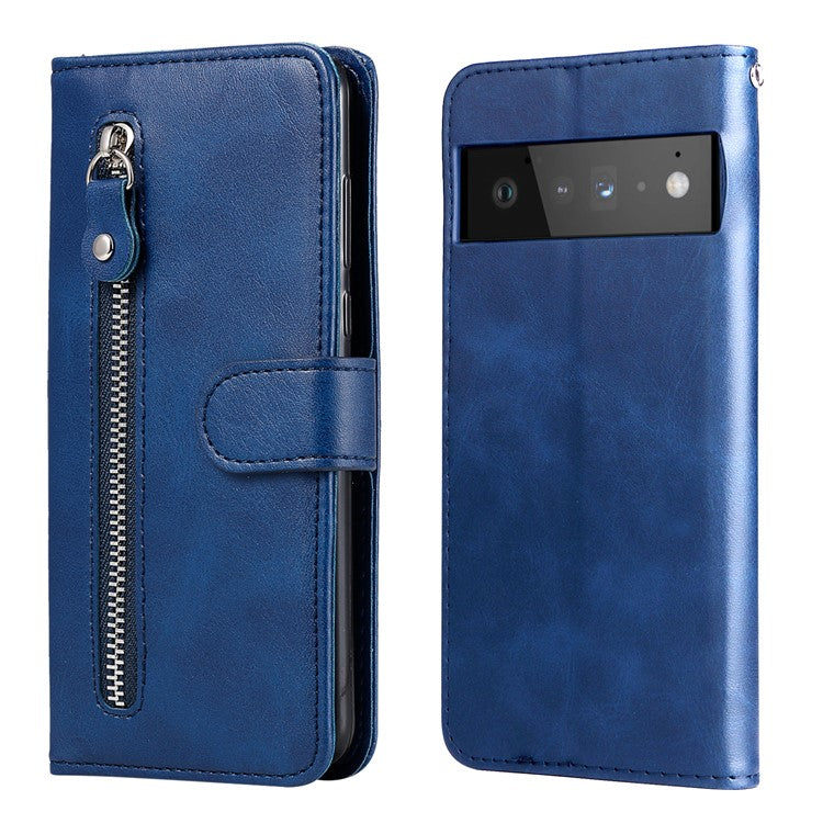 PU Leather Zippered Pocket Phone Case Coin Wallet Stand Folding Case for Google Pixel 6 Pro - Blue