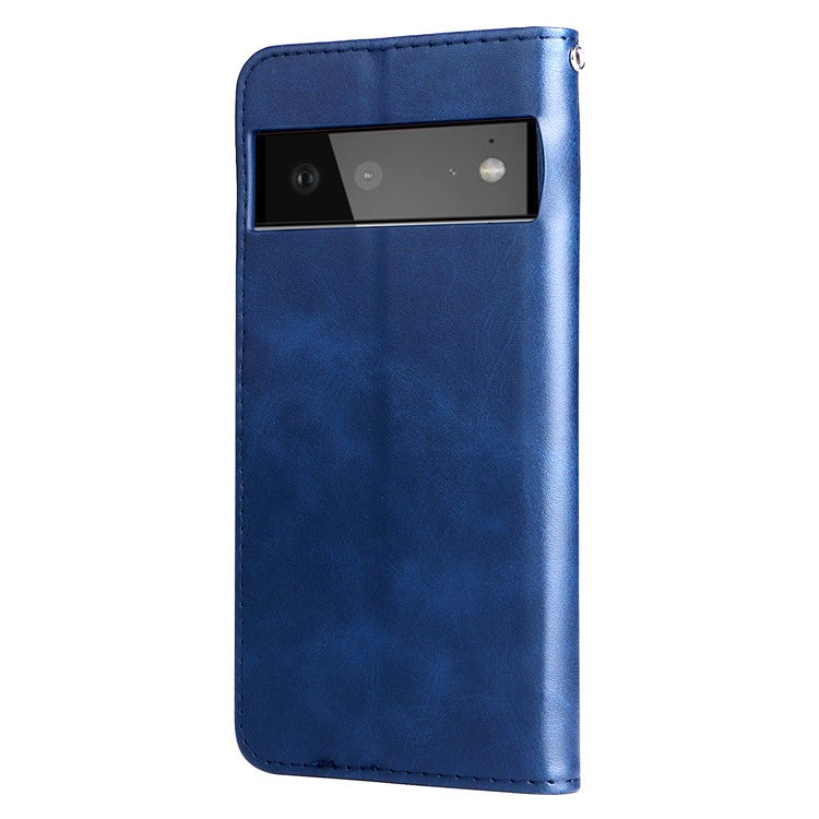 Folding PU Leather Phone Case Zipper Pocket Design Full-Protective Case with Wallet Stand for Google Pixel 6 - Blue