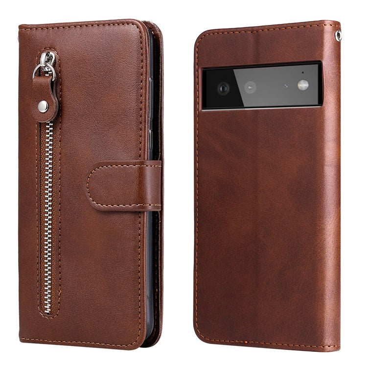 Folding PU Leather Phone Case Zipper Pocket Design Full-Protective Case with Wallet Stand for Google Pixel 6 - Brown