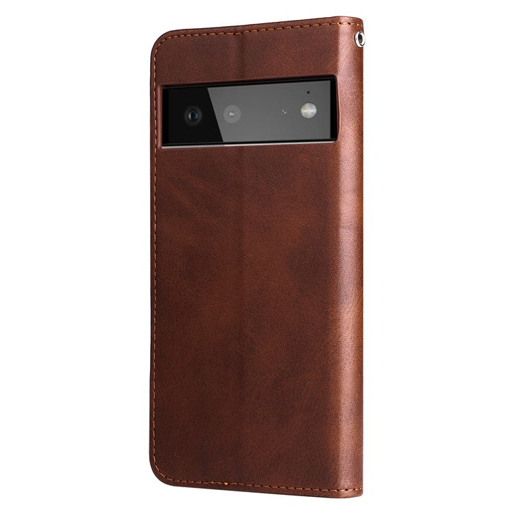 Folding PU Leather Phone Case Zipper Pocket Design Full-Protective Case with Wallet Stand for Google Pixel 6 - Brown
