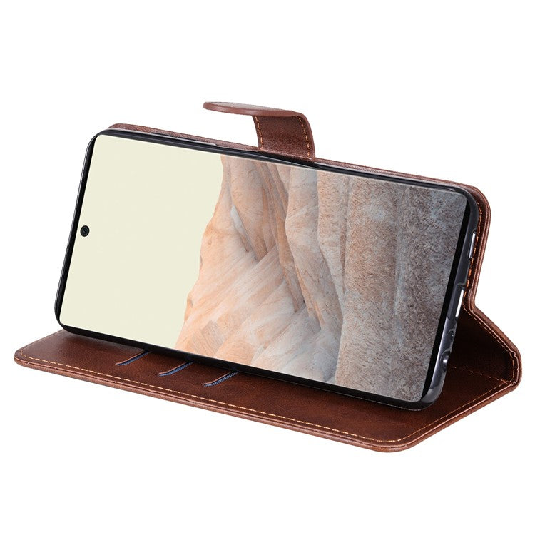 Folding PU Leather Phone Case Zipper Pocket Design Full-Protective Case with Wallet Stand for Google Pixel 6 - Brown