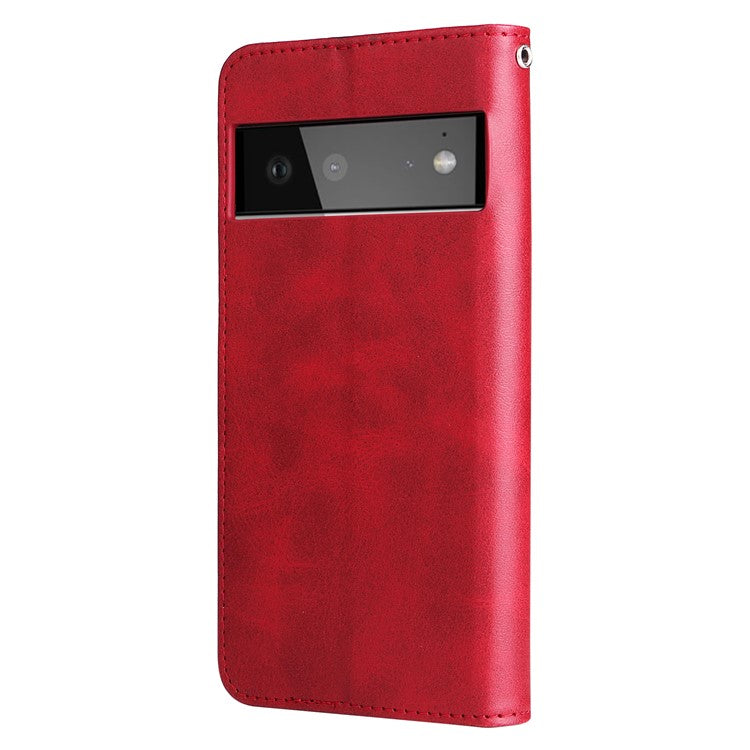 Folding PU Leather Phone Case Zipper Pocket Design Full-Protective Case with Wallet Stand for Google Pixel 6 - Red