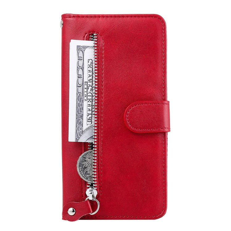 Folding PU Leather Phone Case Zipper Pocket Design Full-Protective Case with Wallet Stand for Google Pixel 6 - Red