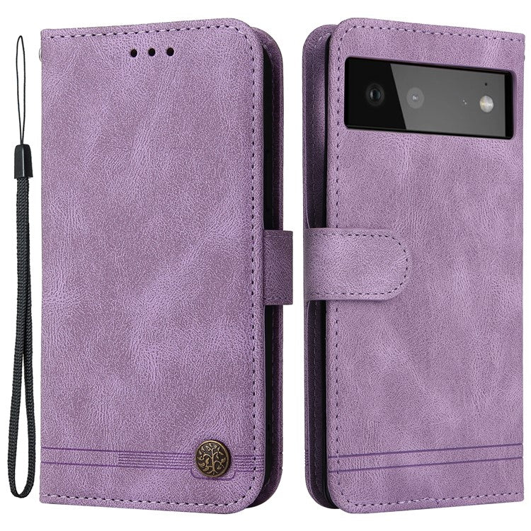Anti-fingerprint Phone Flip Case Retro Tree Pattern Metal Button Decor Stand Wallet PU Leather+TPU Cover for Google Pixel 6 - Purple
