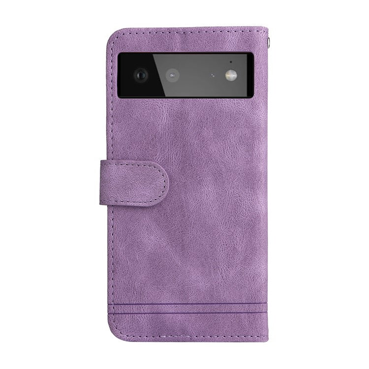 Anti-fingerprint Phone Flip Case Retro Tree Pattern Metal Button Decor Stand Wallet PU Leather+TPU Cover for Google Pixel 6 - Purple