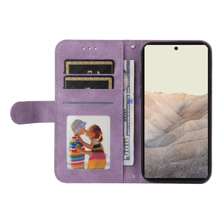 Anti-fingerprint Phone Flip Case Retro Tree Pattern Metal Button Decor Stand Wallet PU Leather+TPU Cover for Google Pixel 6 - Purple