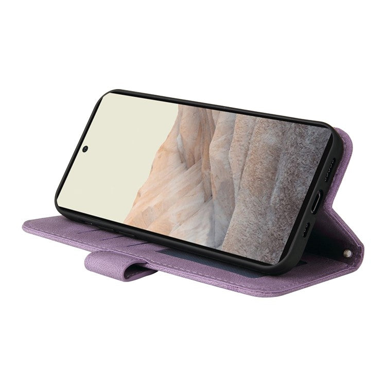 Anti-fingerprint Phone Flip Case Retro Tree Pattern Metal Button Decor Stand Wallet PU Leather+TPU Cover for Google Pixel 6 - Purple