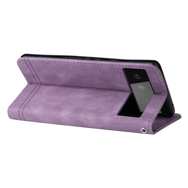 Anti-fingerprint Phone Flip Case Retro Tree Pattern Metal Button Decor Stand Wallet PU Leather+TPU Cover for Google Pixel 6 - Purple