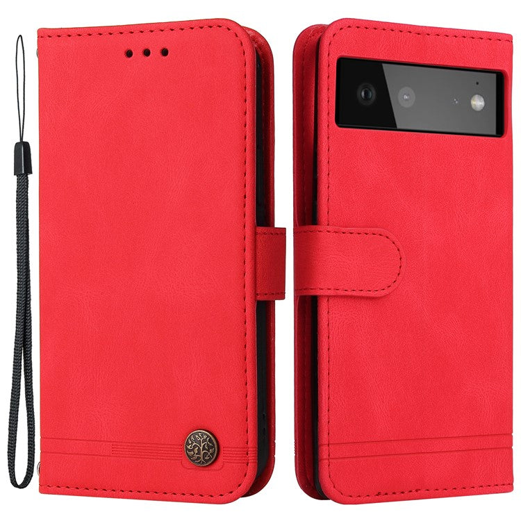 Anti-fingerprint Phone Flip Case Retro Tree Pattern Metal Button Decor Stand Wallet PU Leather+TPU Cover for Google Pixel 6 - Red