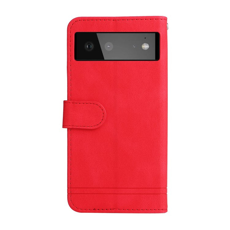 Anti-fingerprint Phone Flip Case Retro Tree Pattern Metal Button Decor Stand Wallet PU Leather+TPU Cover for Google Pixel 6 - Red