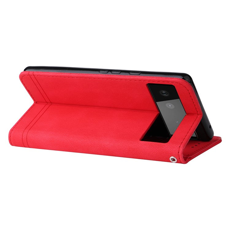 Anti-fingerprint Phone Flip Case Retro Tree Pattern Metal Button Decor Stand Wallet PU Leather+TPU Cover for Google Pixel 6 - Red