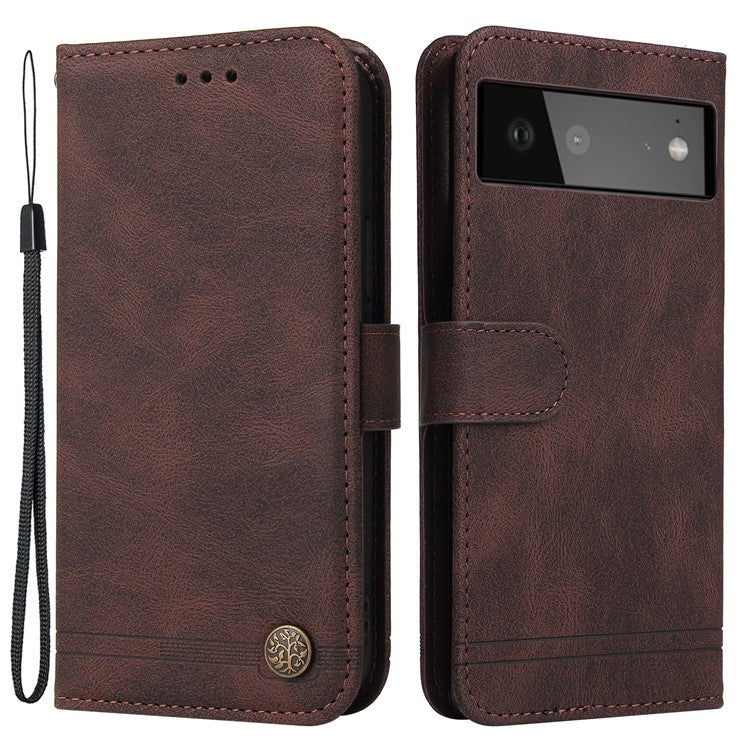 Anti-fingerprint Phone Flip Case Retro Tree Pattern Metal Button Decor Stand Wallet PU Leather+TPU Cover for Google Pixel 6 - Brown