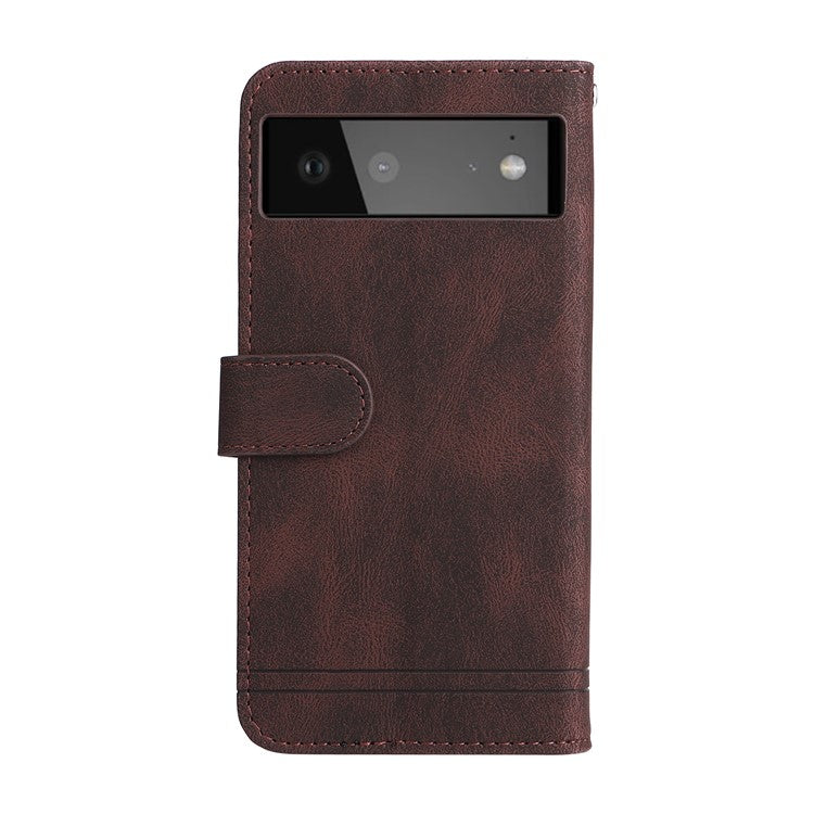 Anti-fingerprint Phone Flip Case Retro Tree Pattern Metal Button Decor Stand Wallet PU Leather+TPU Cover for Google Pixel 6 - Brown