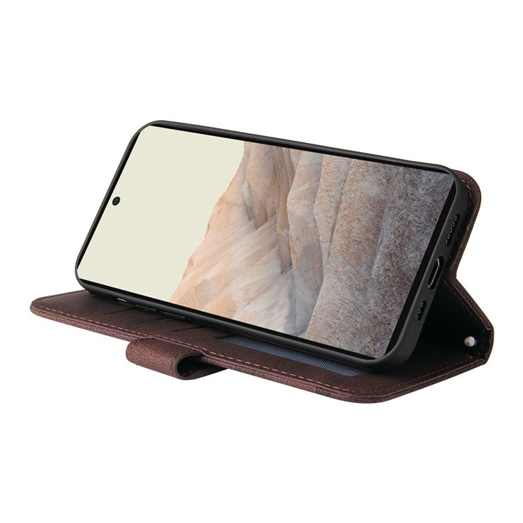 Anti-fingerprint Phone Flip Case Retro Tree Pattern Metal Button Decor Stand Wallet PU Leather+TPU Cover for Google Pixel 6 - Brown