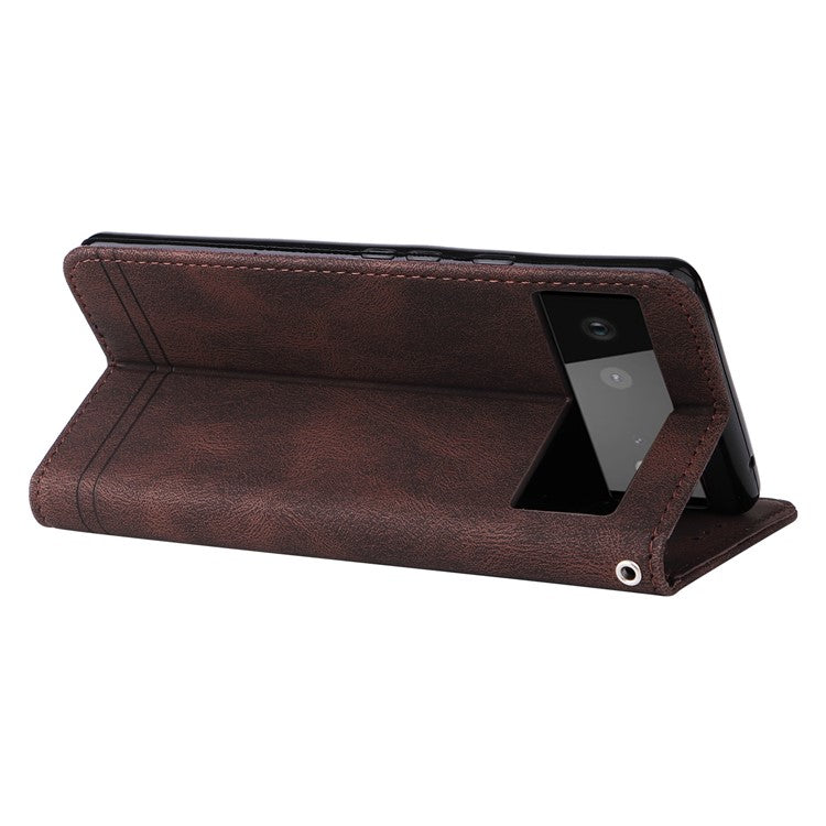 Anti-fingerprint Phone Flip Case Retro Tree Pattern Metal Button Decor Stand Wallet PU Leather+TPU Cover for Google Pixel 6 - Brown