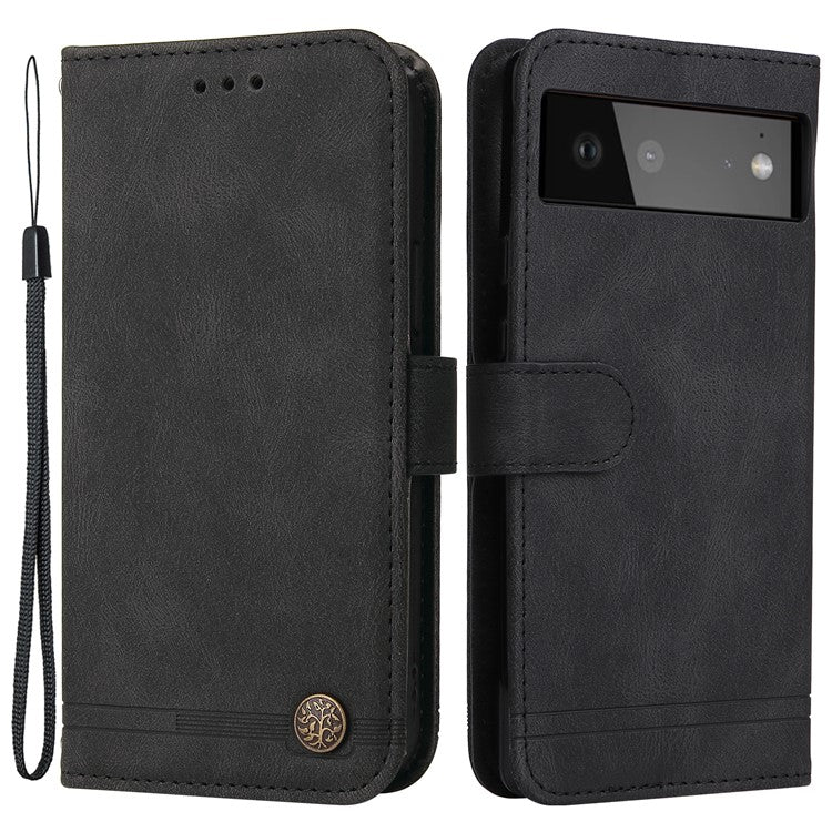Anti-fingerprint Phone Flip Case Retro Tree Pattern Metal Button Decor Stand Wallet PU Leather+TPU Cover for Google Pixel 6 - Black