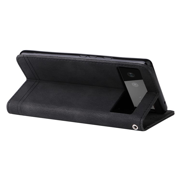 Anti-fingerprint Phone Flip Case Retro Tree Pattern Metal Button Decor Stand Wallet PU Leather+TPU Cover for Google Pixel 6 - Black