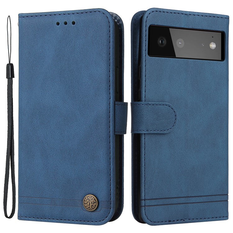 Anti-fingerprint Phone Flip Case Retro Tree Pattern Metal Button Decor Stand Wallet PU Leather+TPU Cover for Google Pixel 6 - Blue