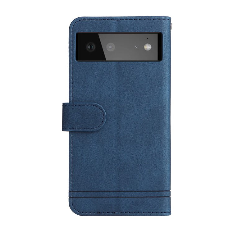 Anti-fingerprint Phone Flip Case Retro Tree Pattern Metal Button Decor Stand Wallet PU Leather+TPU Cover for Google Pixel 6 - Blue