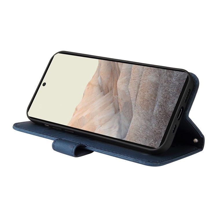 Anti-fingerprint Phone Flip Case Retro Tree Pattern Metal Button Decor Stand Wallet PU Leather+TPU Cover for Google Pixel 6 - Blue