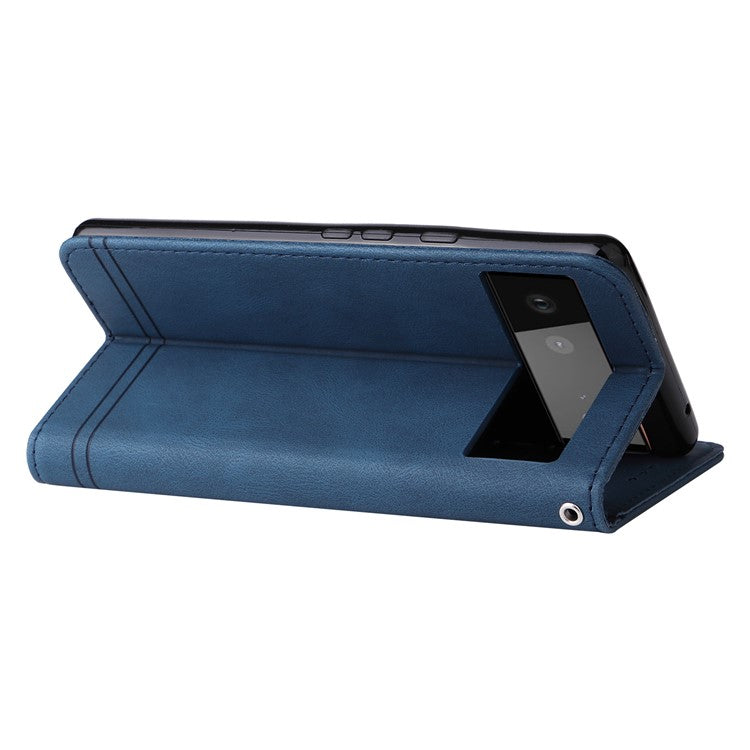 Anti-fingerprint Phone Flip Case Retro Tree Pattern Metal Button Decor Stand Wallet PU Leather+TPU Cover for Google Pixel 6 - Blue