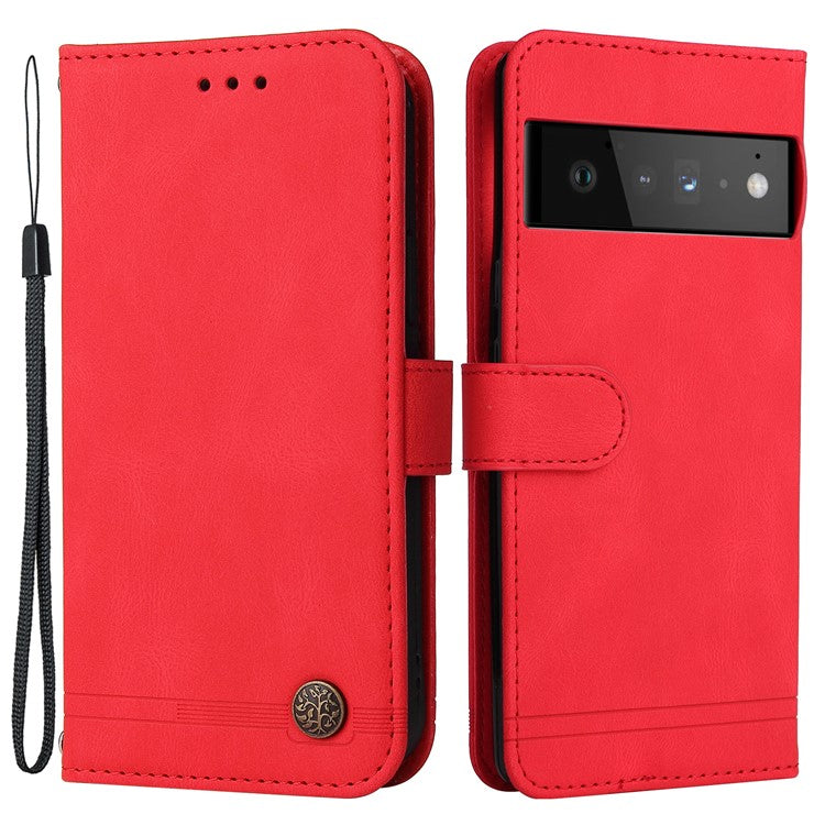 Supporting Stand Card Slots Phone Flip Case Retro Tree Pattern Metal Button Decor Wallet PU Leather+TPU Cover for Google Pixel 6 Pro - Red