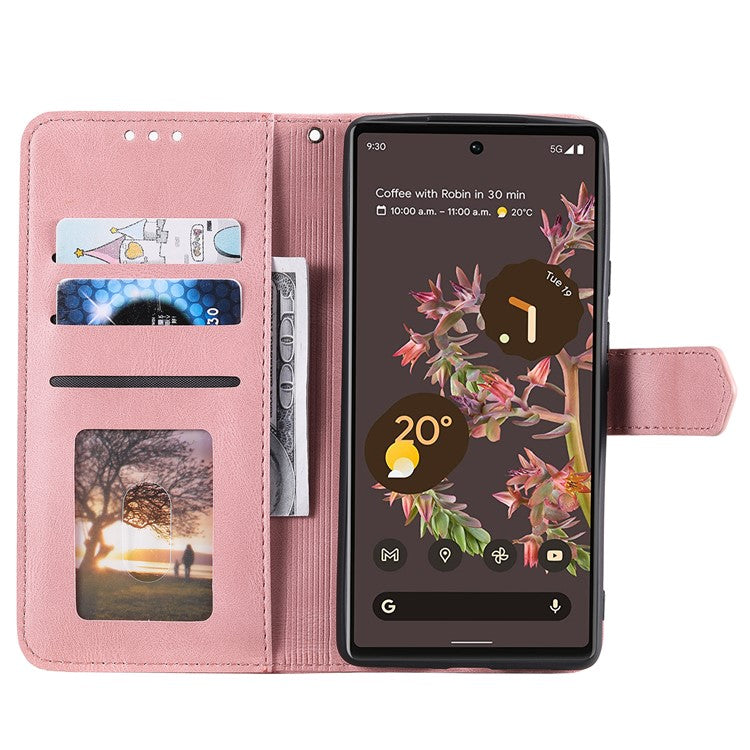 Protective Cover Splicing PU Leather and TPU Phone Flip Case Stitching Skin-touch Stand Wallet for Google Pixel 6 - Pink