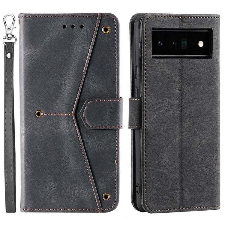 Splicing PU Leather and TPU Phone Flip Case Stitching Skin-touch Stand Wallet Phone Protective Cover for Google Pixel 6 Pro - Black