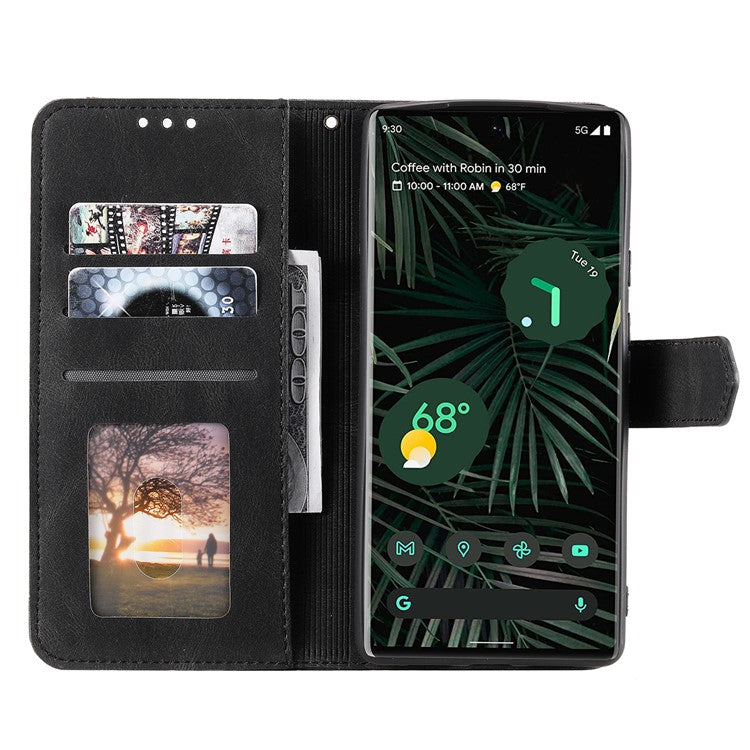 Splicing PU Leather and TPU Phone Flip Case Stitching Skin-touch Stand Wallet Phone Protective Cover for Google Pixel 6 Pro - Black