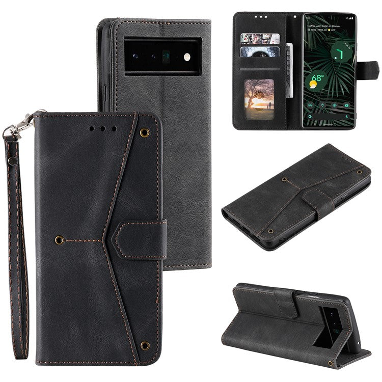 Splicing PU Leather and TPU Phone Flip Case Stitching Skin-touch Stand Wallet Phone Protective Cover for Google Pixel 6 Pro - Black