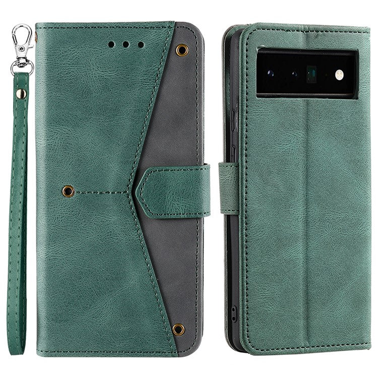 Splicing PU Leather and TPU Phone Flip Case Stitching Skin-touch Stand Wallet Phone Protective Cover for Google Pixel 6 Pro - Green