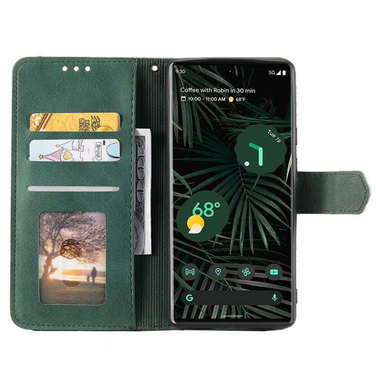 Splicing PU Leather and TPU Phone Flip Case Stitching Skin-touch Stand Wallet Phone Protective Cover for Google Pixel 6 Pro - Green