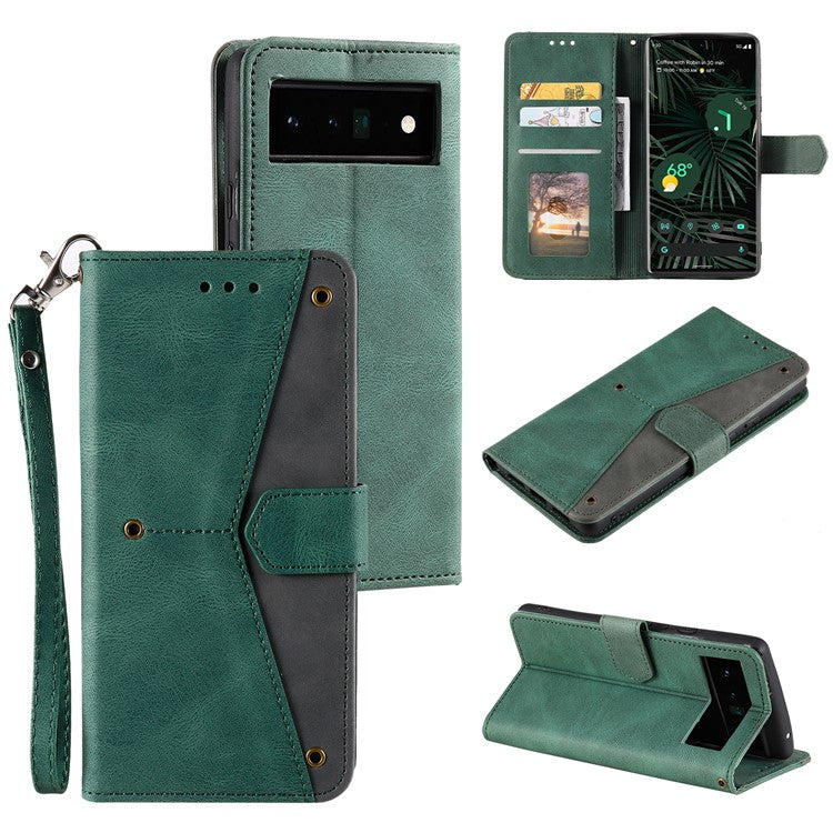 Splicing PU Leather and TPU Phone Flip Case Stitching Skin-touch Stand Wallet Phone Protective Cover for Google Pixel 6 Pro - Green