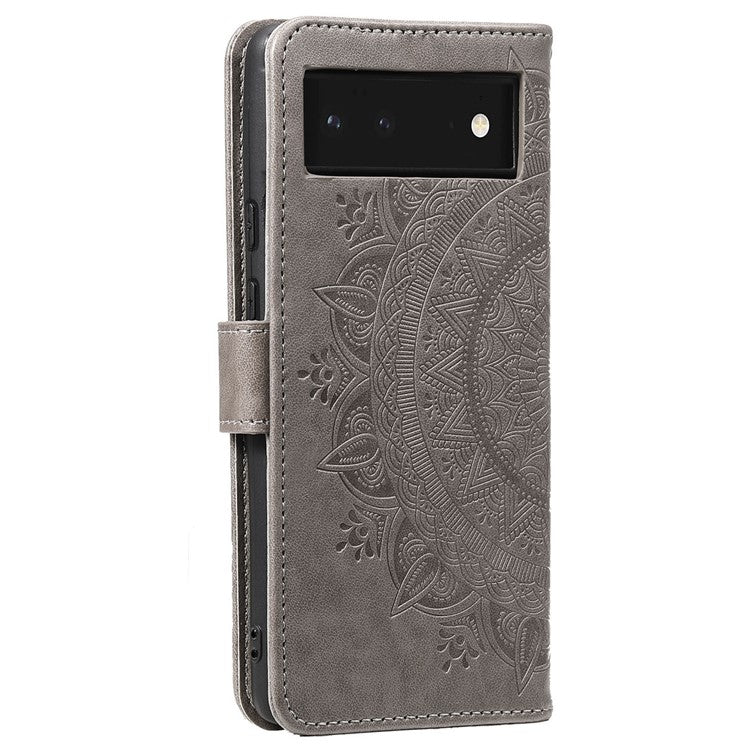 Mandala Flower Pattern Imprinted PU Leather Flip Cover Stand Wallet Folio Phone Case with Strap for Google Pixel 6 - Grey