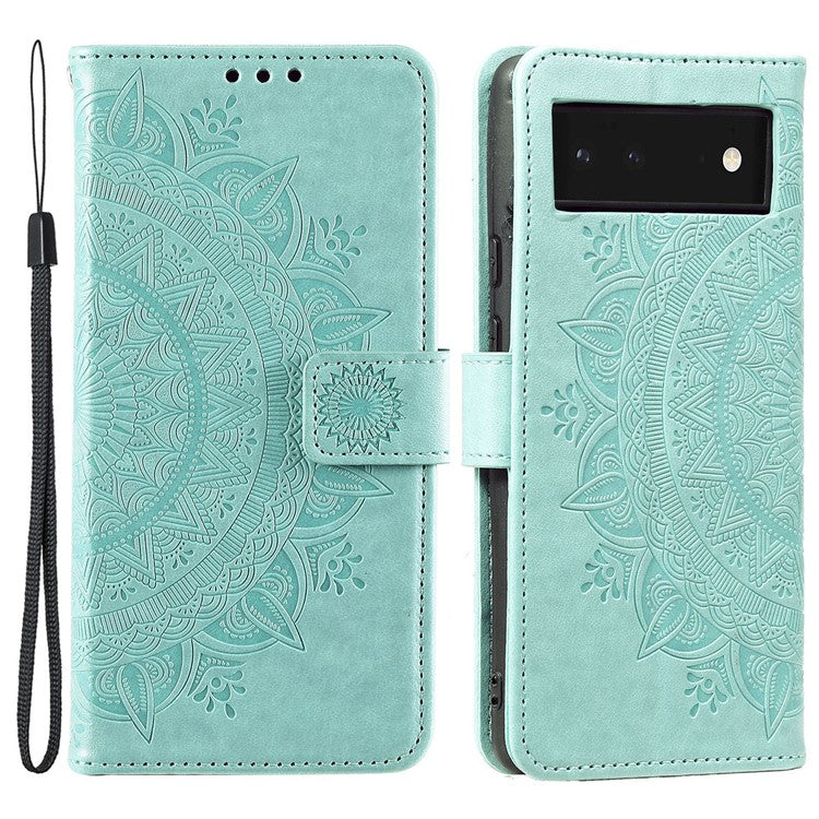 Mandala Flower Pattern Imprinted PU Leather Flip Cover Stand Wallet Folio Phone Case with Strap for Google Pixel 6 - Green