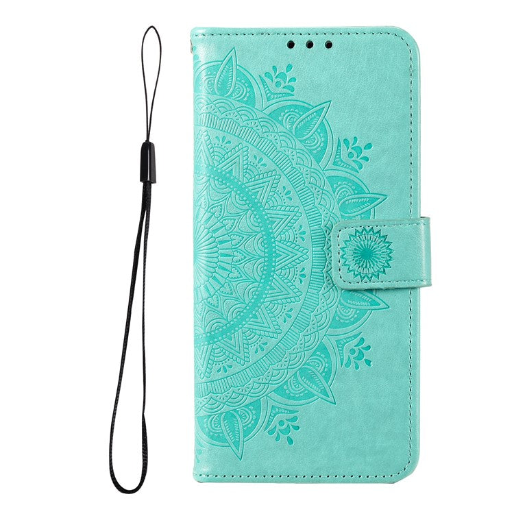 Mandala Flower Pattern Imprinted PU Leather Flip Cover Stand Wallet Folio Phone Case with Strap for Google Pixel 6 - Green