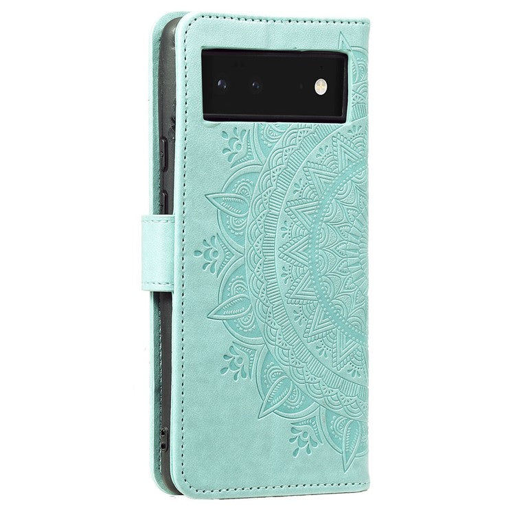 Mandala Flower Pattern Imprinted PU Leather Flip Cover Stand Wallet Folio Phone Case with Strap for Google Pixel 6 - Green
