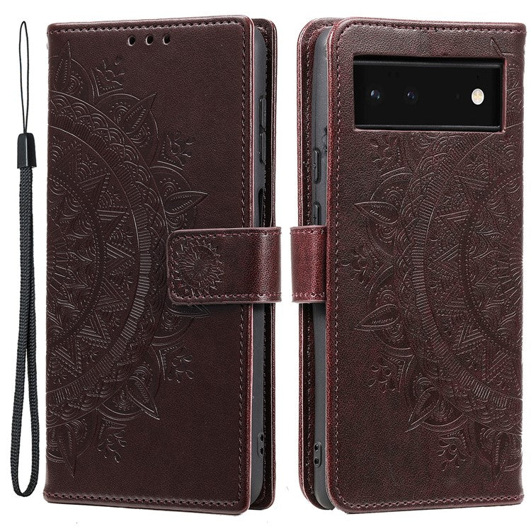 Mandala Flower Pattern Imprinted PU Leather Flip Cover Stand Wallet Folio Phone Case with Strap for Google Pixel 6 - Brown