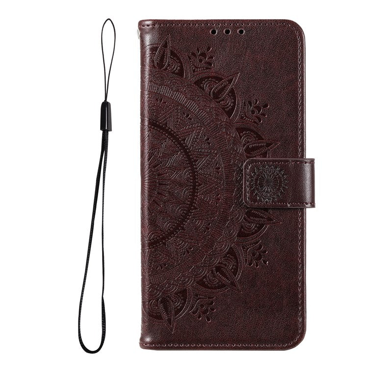 Mandala Flower Pattern Imprinted PU Leather Flip Cover Stand Wallet Folio Phone Case with Strap for Google Pixel 6 - Brown