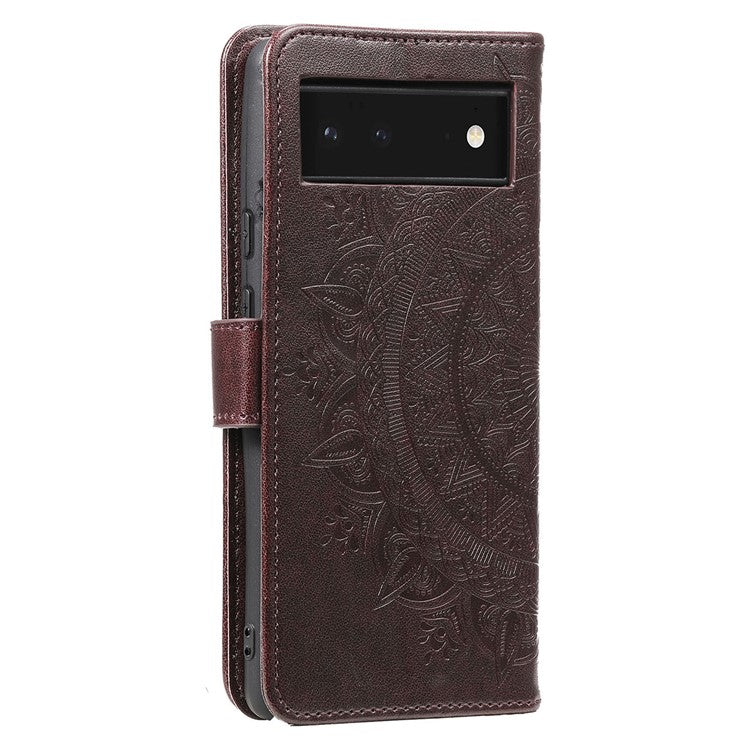 Mandala Flower Pattern Imprinted PU Leather Flip Cover Stand Wallet Folio Phone Case with Strap for Google Pixel 6 - Brown