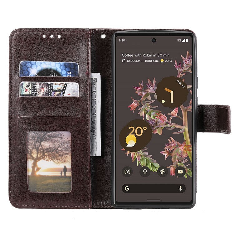 Mandala Flower Pattern Imprinted PU Leather Flip Cover Stand Wallet Folio Phone Case with Strap for Google Pixel 6 - Brown