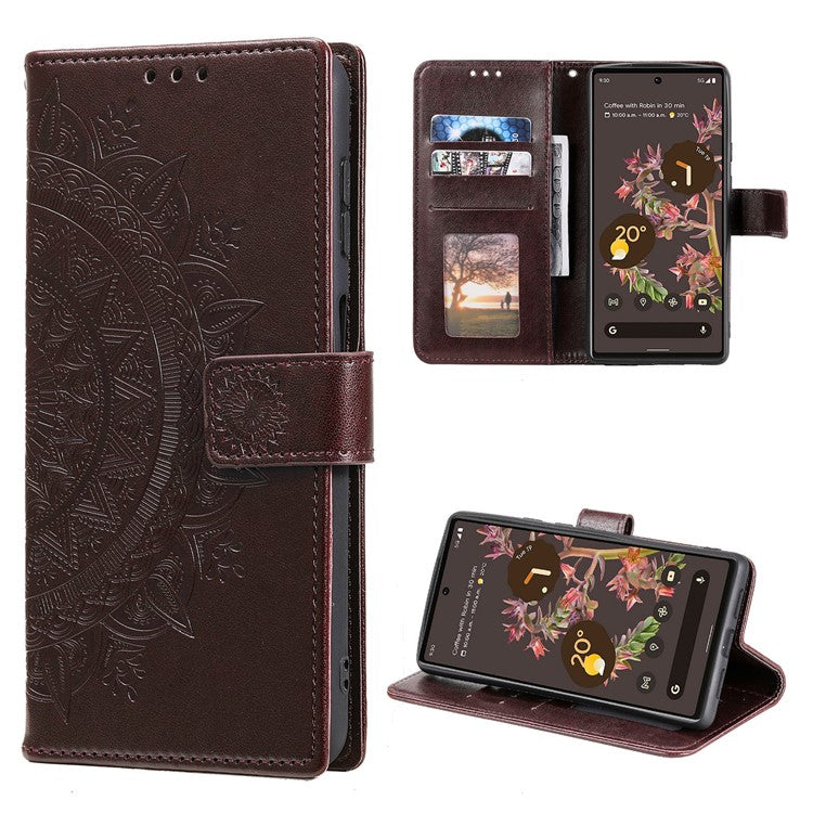 Mandala Flower Pattern Imprinted PU Leather Flip Cover Stand Wallet Folio Phone Case with Strap for Google Pixel 6 - Brown
