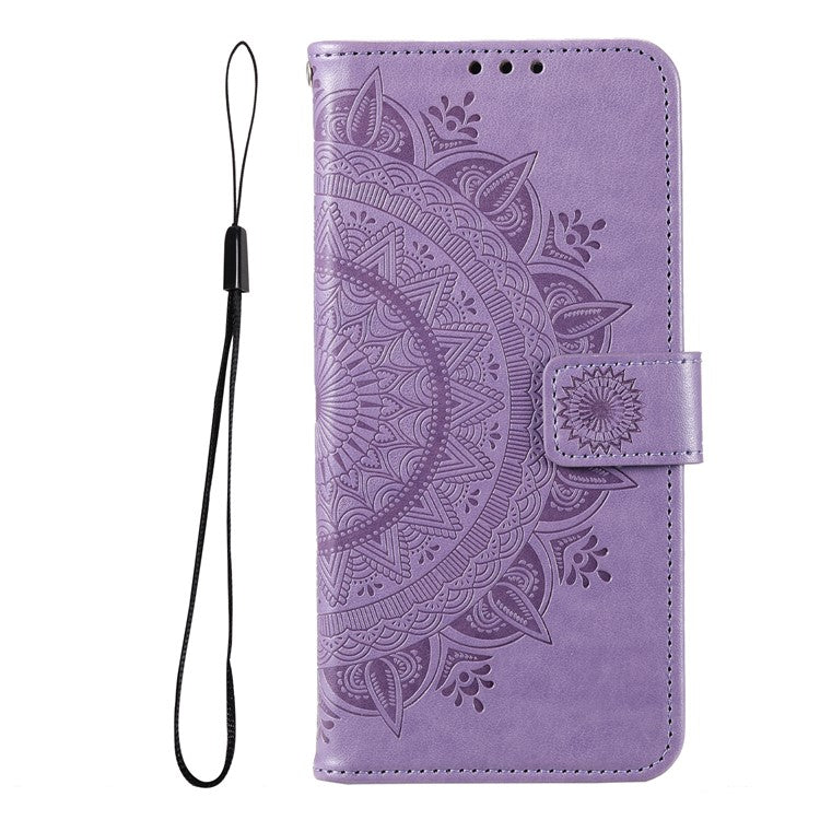Mandala Flower Pattern Imprinted PU Leather Flip Cover Stand Wallet Folio Phone Case with Strap for Google Pixel 6 - Purple