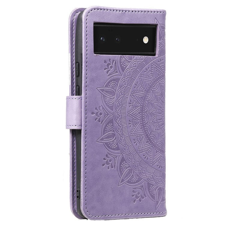 Mandala Flower Pattern Imprinted PU Leather Flip Cover Stand Wallet Folio Phone Case with Strap for Google Pixel 6 - Purple