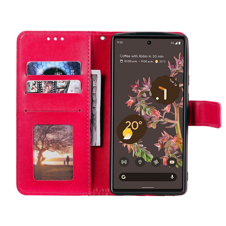 Mandala Flower Pattern Imprinted PU Leather Flip Cover Stand Wallet Folio Phone Case with Strap for Google Pixel 6 - Red